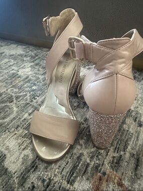 Stuart Weitzman Nude Blush Glitter Block Heel Sandals